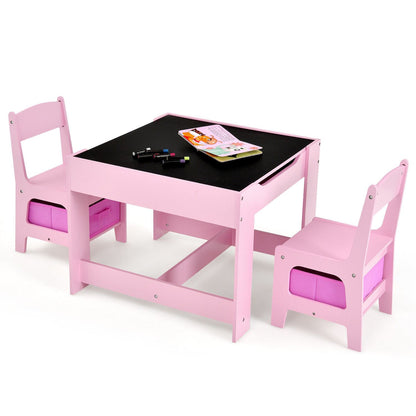 EKKIO 3PCS Kids Table with Lego Baseplate and Chairs Set with Black Chalkboard (Pink) - Cosy Abode