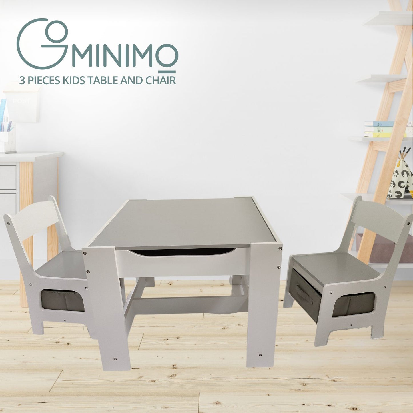 EKKIO 3PCS Kids Table and Chairs Set with Black Chalkboard (Grey) - Cosy Abode