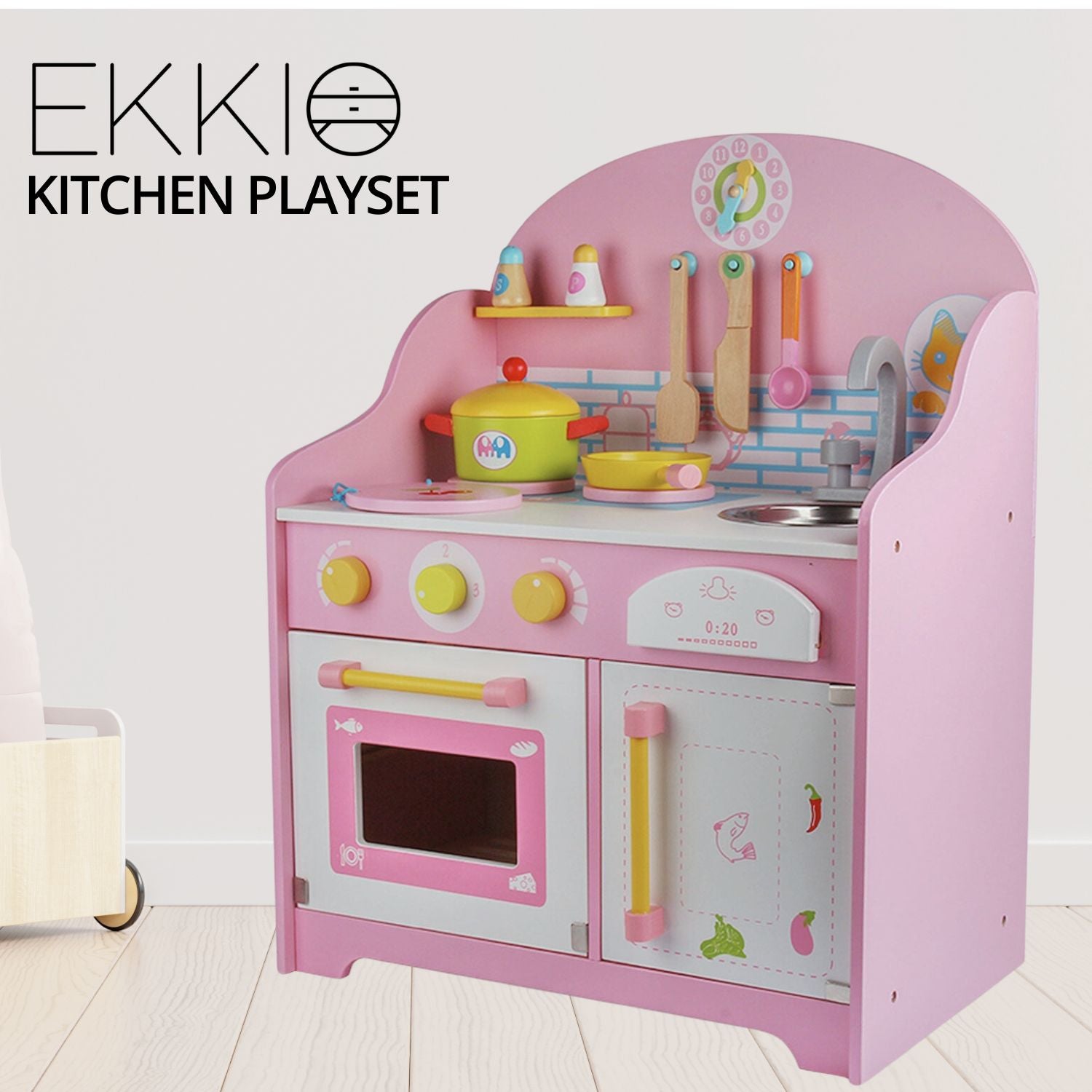 EKKIO Wooden Kitchen Playset for Kids with Clock (Japanese Style Kitchen Set, Pink) - Cosy Abode