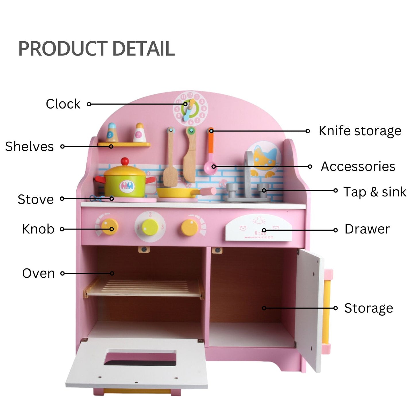EKKIO Wooden Kitchen Playset for Kids with Clock (Japanese Style Kitchen Set, Pink) - Cosy Abode