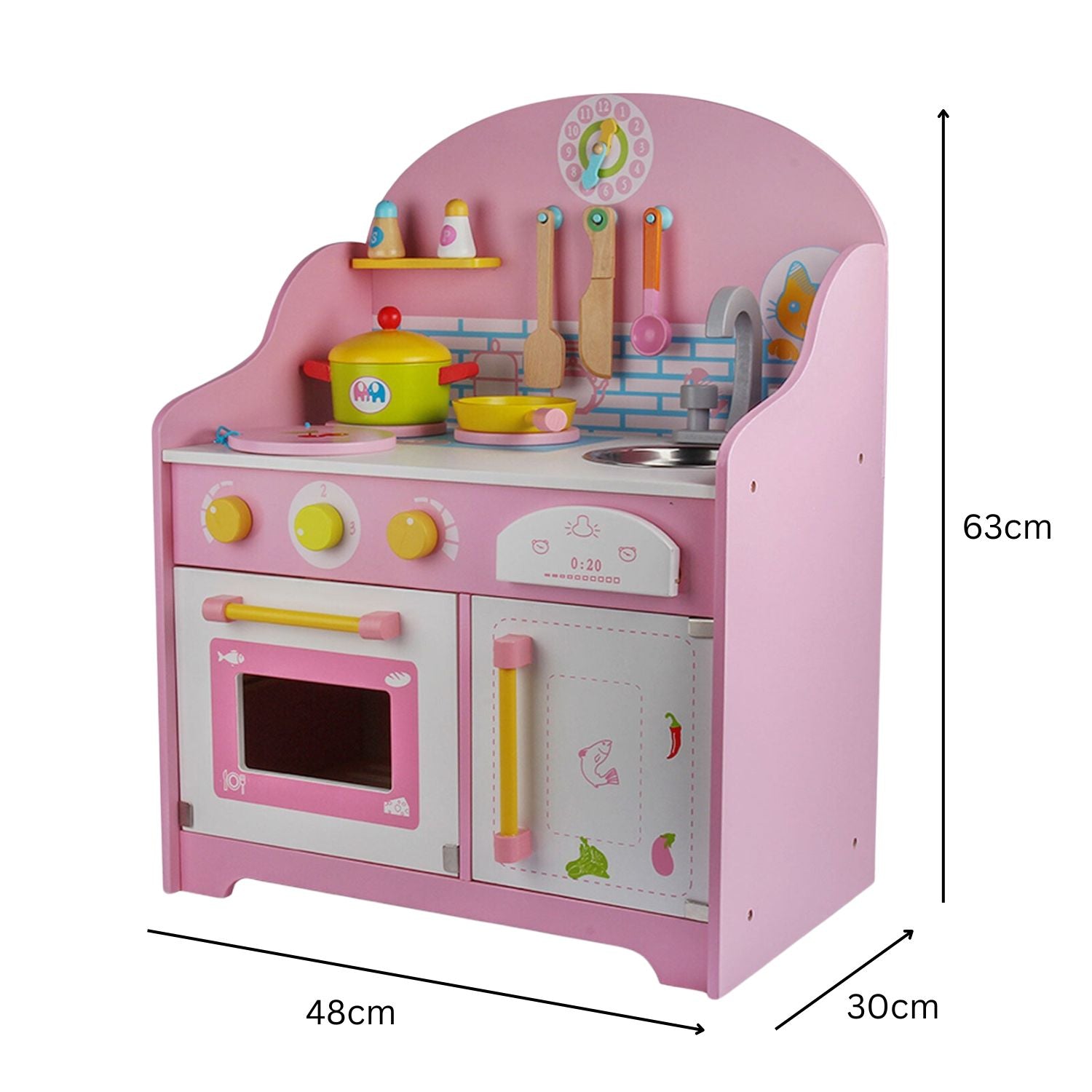 EKKIO Wooden Kitchen Playset for Kids with Clock (Japanese Style Kitchen Set, Pink) - Cosy Abode