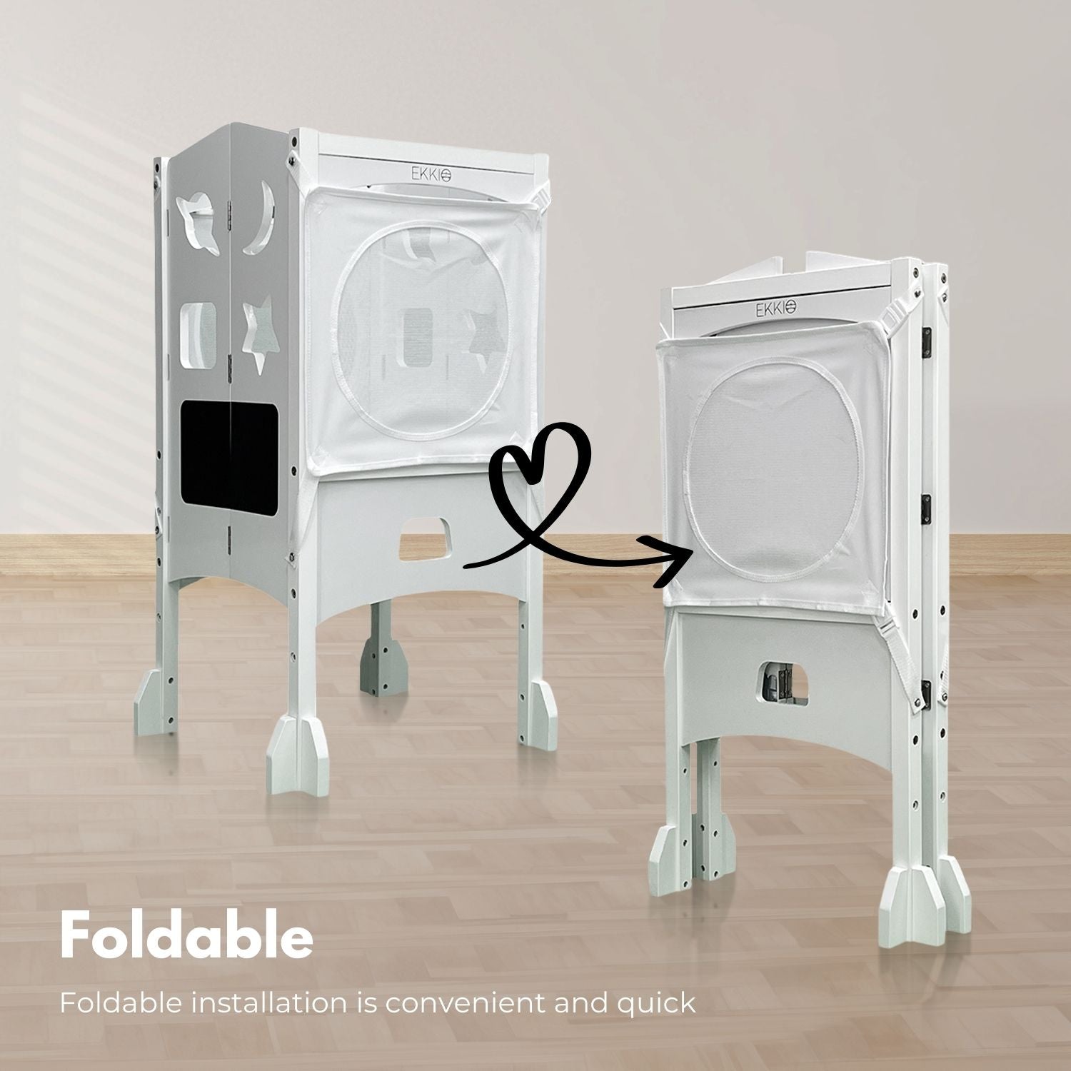 EKKIO Folding Kitchen Kids Step Stool with Chalkboard- Saturn, Moon, Square and Star Shape Design (White) - Cosy Abode