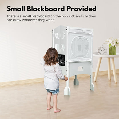 EKKIO Folding Kitchen Kids Step Stool with Chalkboard- Saturn, Moon, Square and Star Shape Design (White) - Cosy Abode
