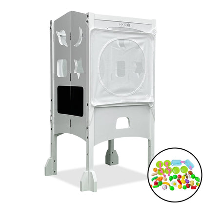 EKKIO Folding Kitchen Kids Step Stool with Chalkboard- Saturn, Moon, Square and Star Shape Design (White) - Cosy Abode