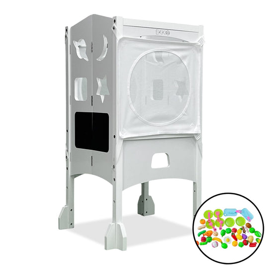 EKKIO Folding Kitchen Kids Step Stool with Chalkboard- Saturn, Moon, Square and Star Shape Design (White) - Cosy Abode