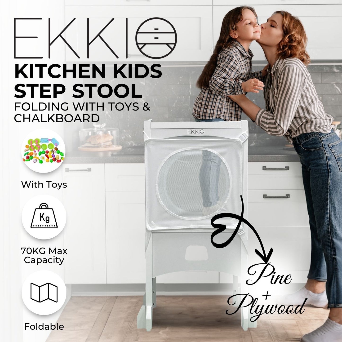 EKKIO Folding Kitchen Kids Step Stool with Chalkboard- Saturn, Moon, Square and Star Shape Design (White) - Cosy Abode