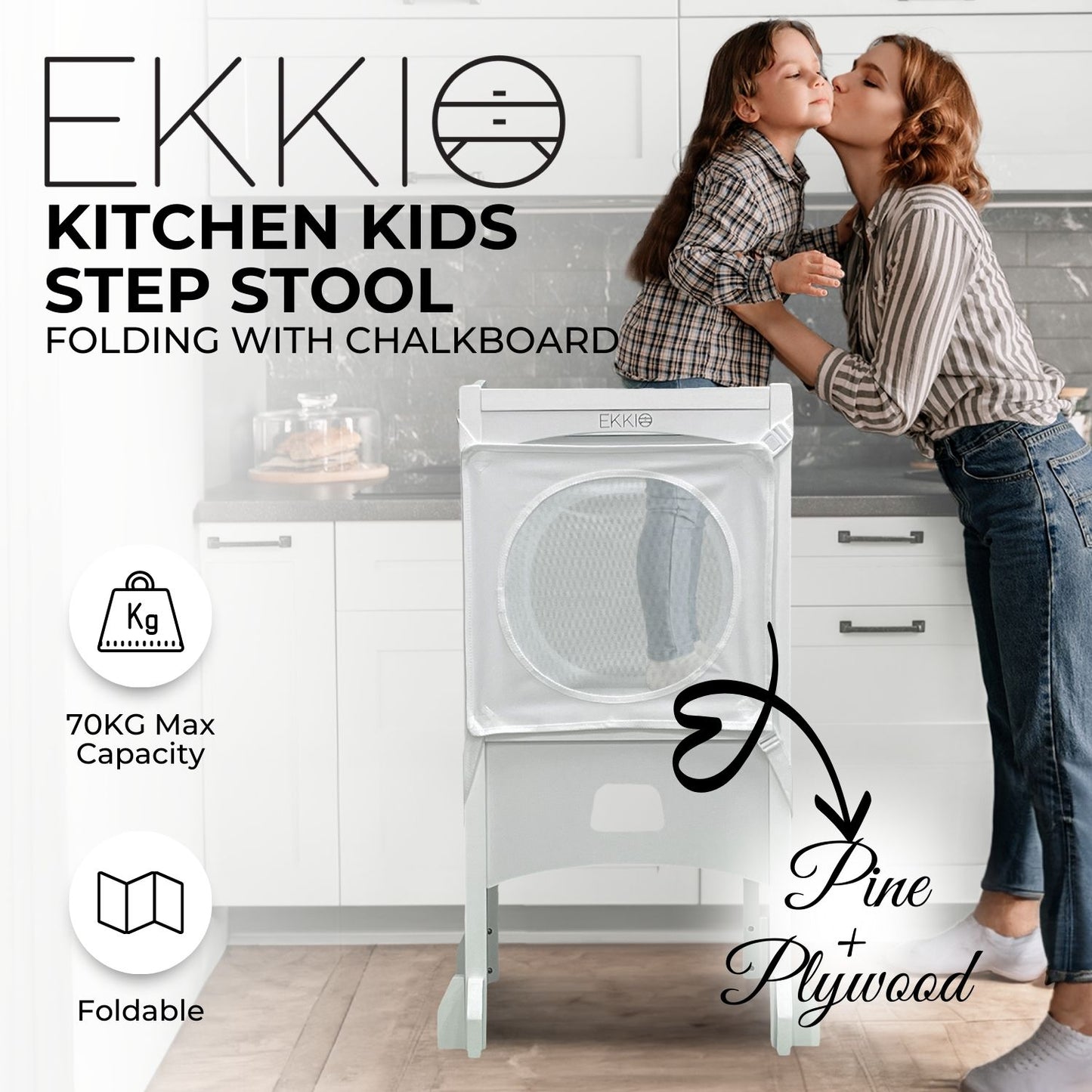 EKKIO Folding Kitchen Kids Step Stool with Chalkboard- Saturn, Moon, Square and Star Shape Design (White) - Cosy Abode