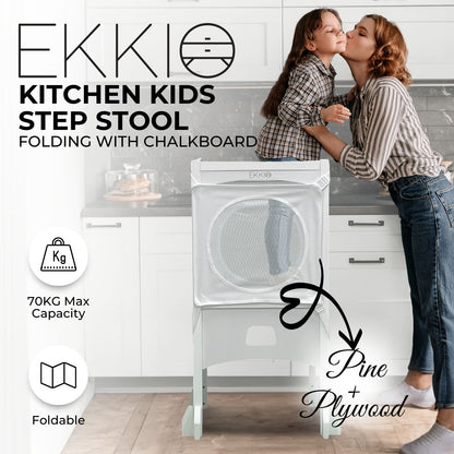 EKKIO Folding Kitchen Kids Step Stool with Chalkboard- Saturn, Moon, Square and Star Shape Design (White) - Cosy Abode