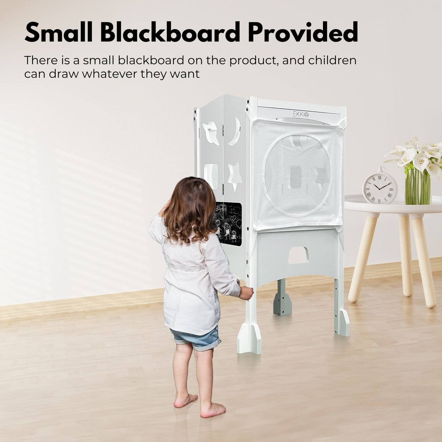 EKKIO Folding Kitchen Kids Step Stool with Chalkboard- Saturn, Moon, Square and Star Shape Design (White) - Cosy Abode