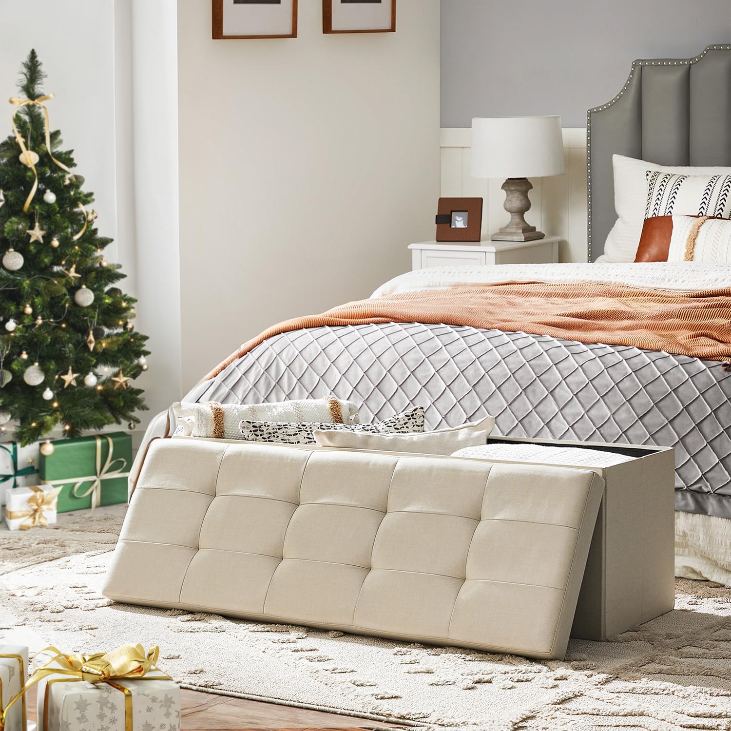 SONGMICS 109cm Folding Storage Ottoman Bench Beige - Cosy Abode