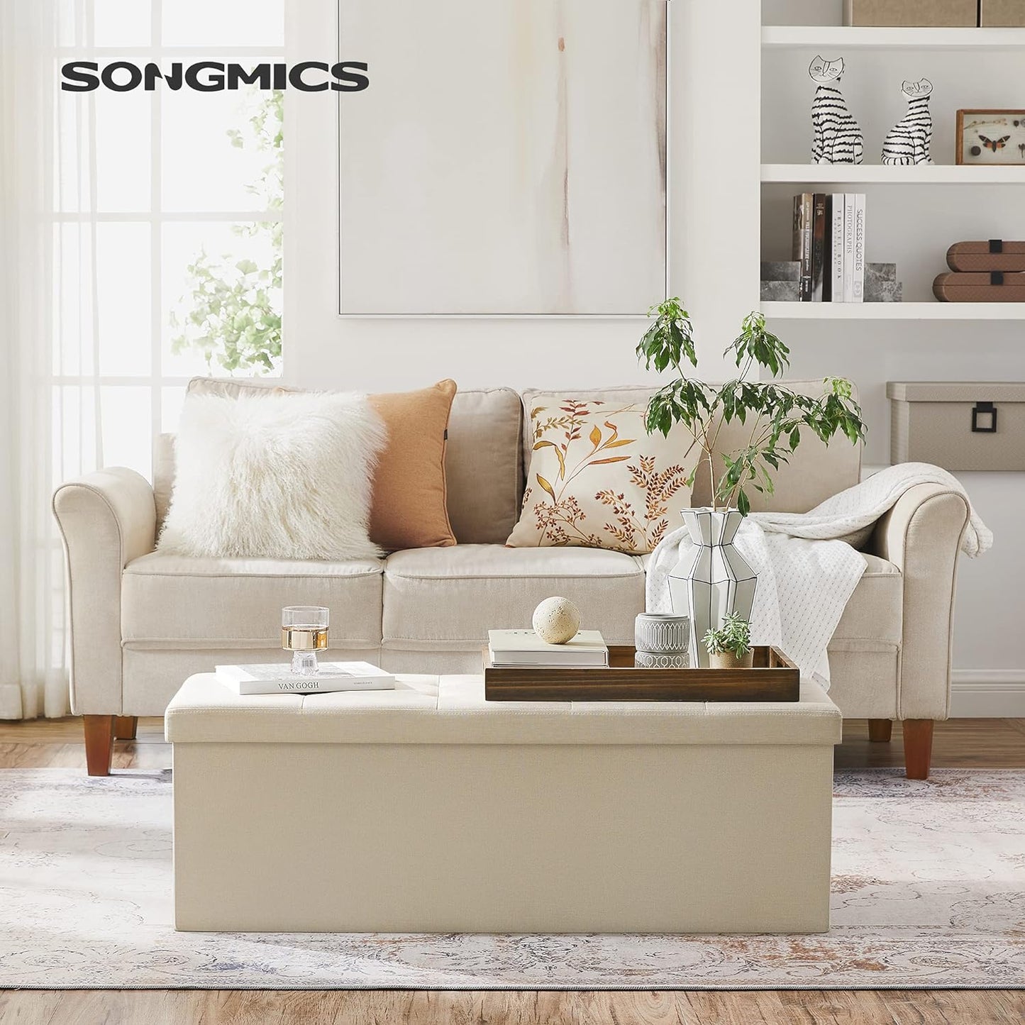 SONGMICS 109cm Folding Storage Ottoman Bench Beige - Cosy Abode