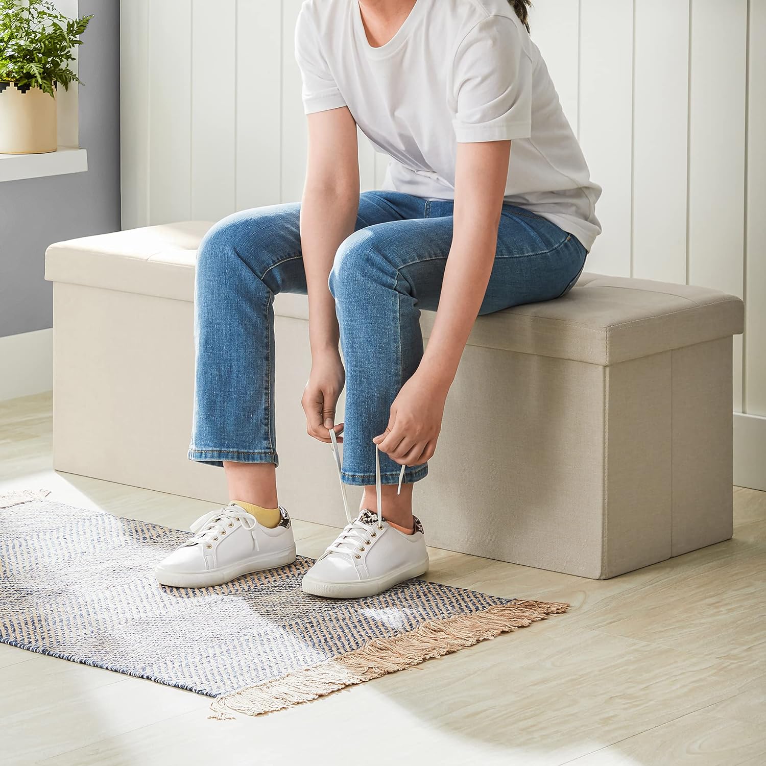 SONGMICS 109cm Folding Storage Ottoman Bench Beige - Cosy Abode