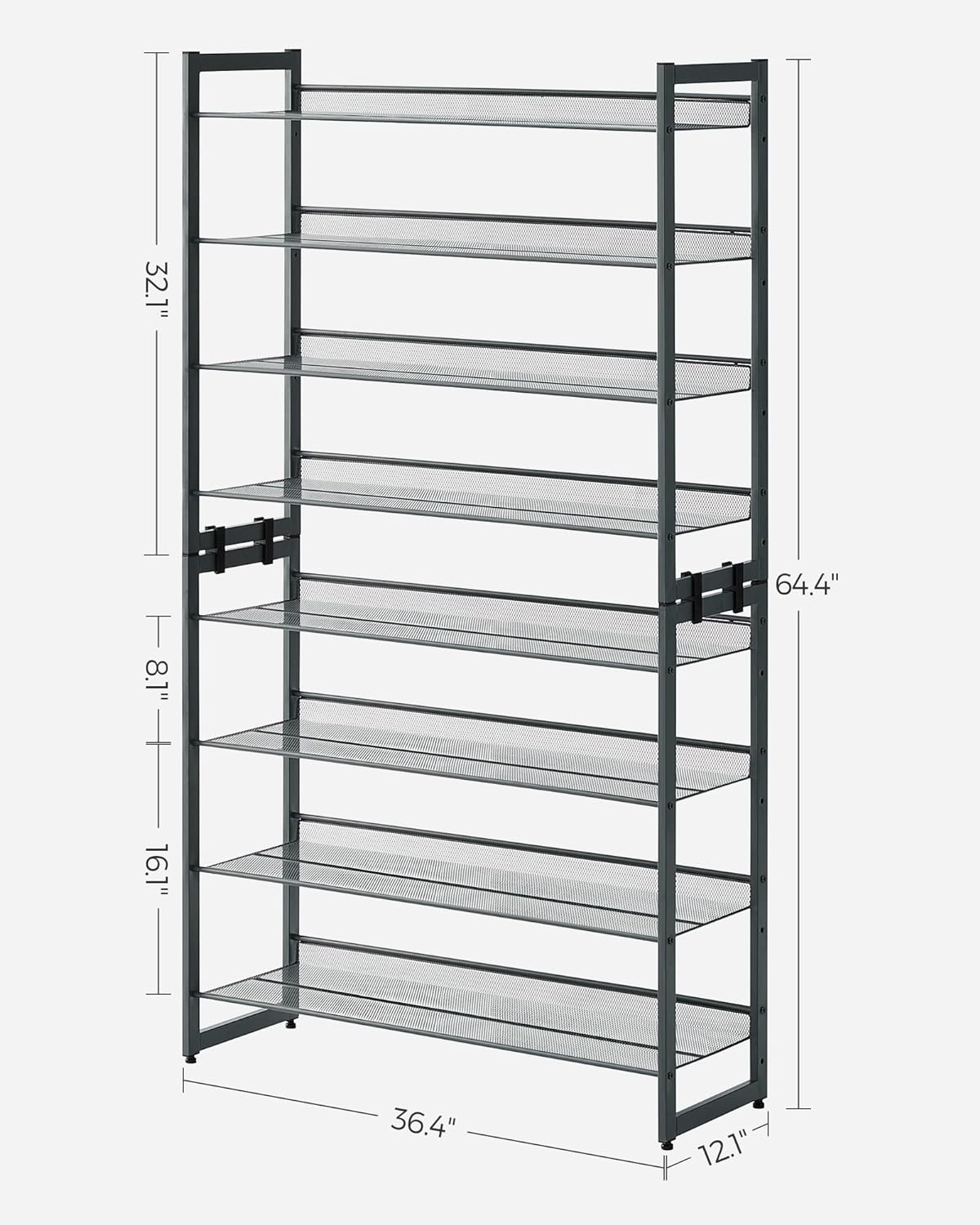 SONGMICS 8-Tier Shoe Rack Storage 32 pairs with Adjustable Shelves Gray - Cosy Abode