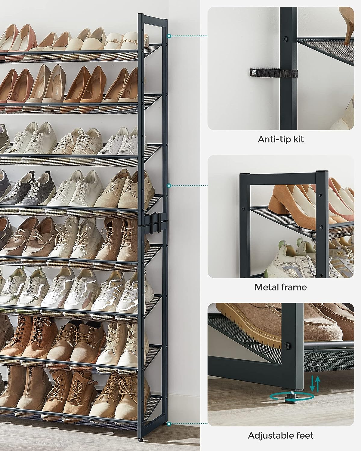 SONGMICS 8-Tier Shoe Rack Storage 32 pairs with Adjustable Shelves Gray - Cosy Abode