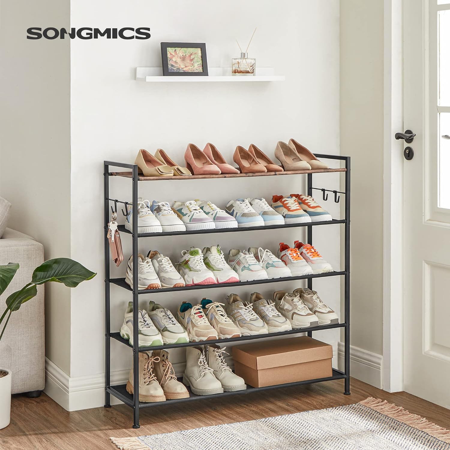 SONGMICS 5 Tier Shoe Rack Storage Organizer for 20-25 Pairs with 4 Hooks Rustic Brown LMR035B01 - Cosy Abode