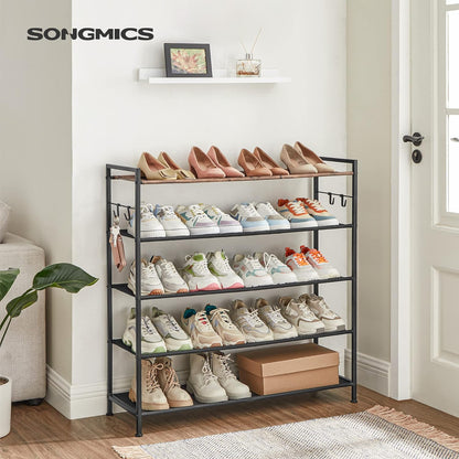SONGMICS 5 Tier Shoe Rack Storage Organizer for 20-25 Pairs with 4 Hooks Rustic Brown LMR035B01 - Cosy Abode
