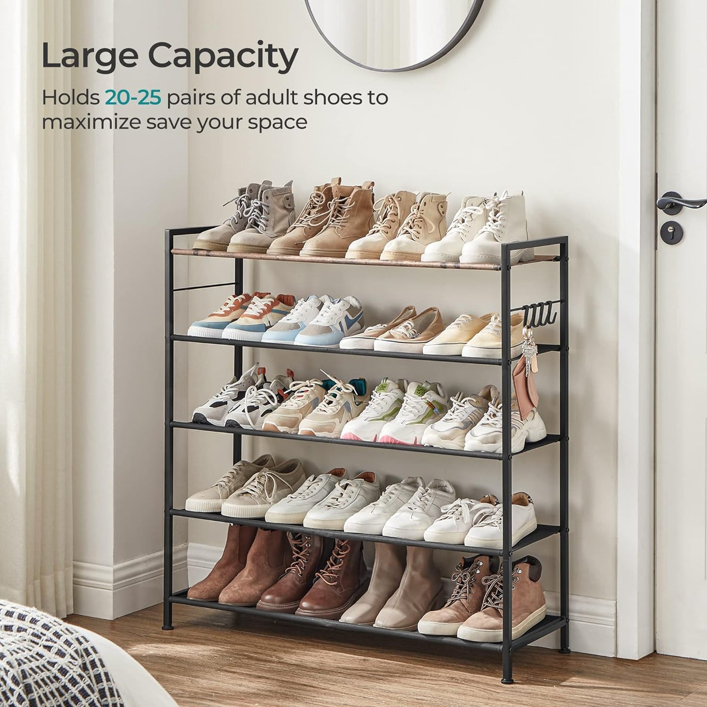 SONGMICS 5 Tier Shoe Rack Storage Organizer for 20-25 Pairs with 4 Hooks Rustic Brown LMR035B01 - Cosy Abode