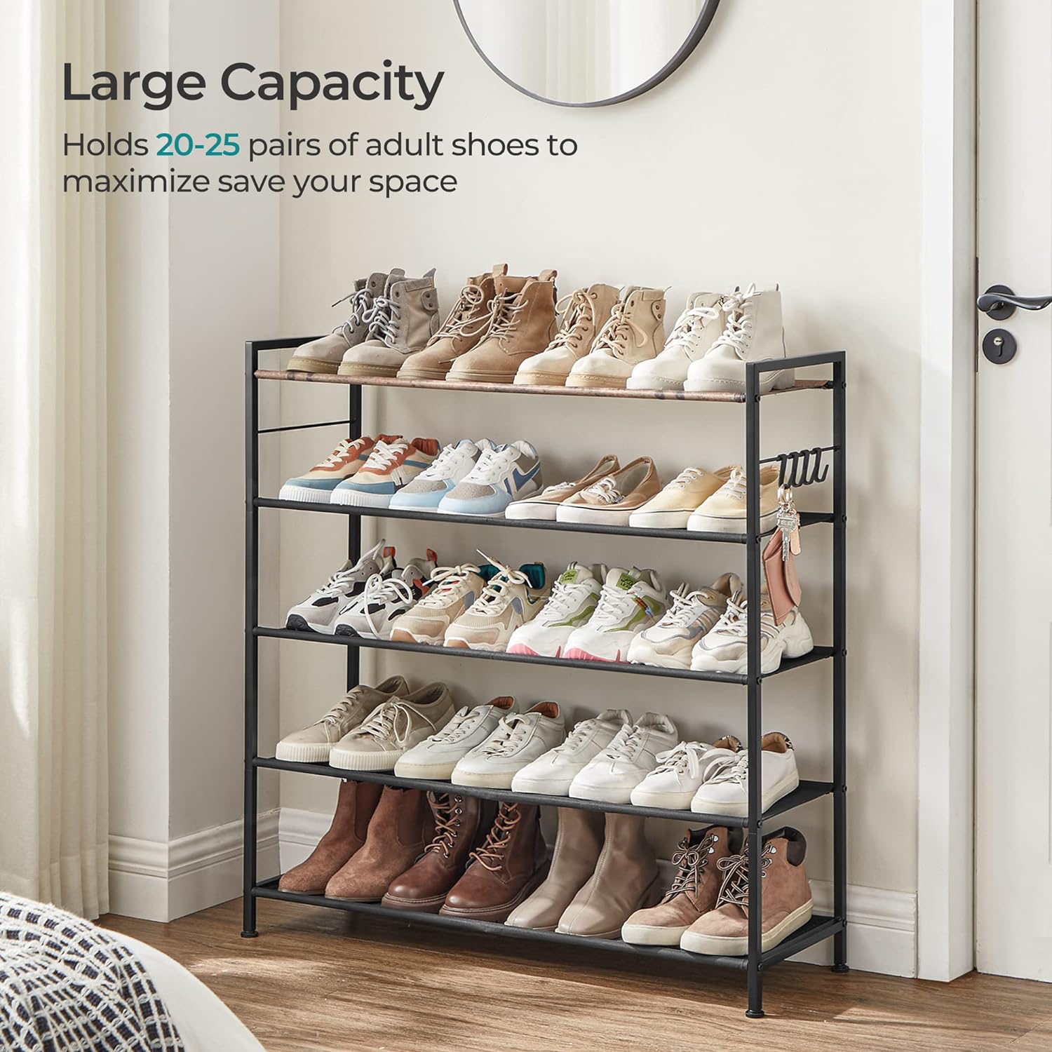 SONGMICS 5 Tier Shoe Rack Storage Organizer for 20-25 Pairs with 4 Hooks Rustic Brown LMR035B01 - Cosy Abode