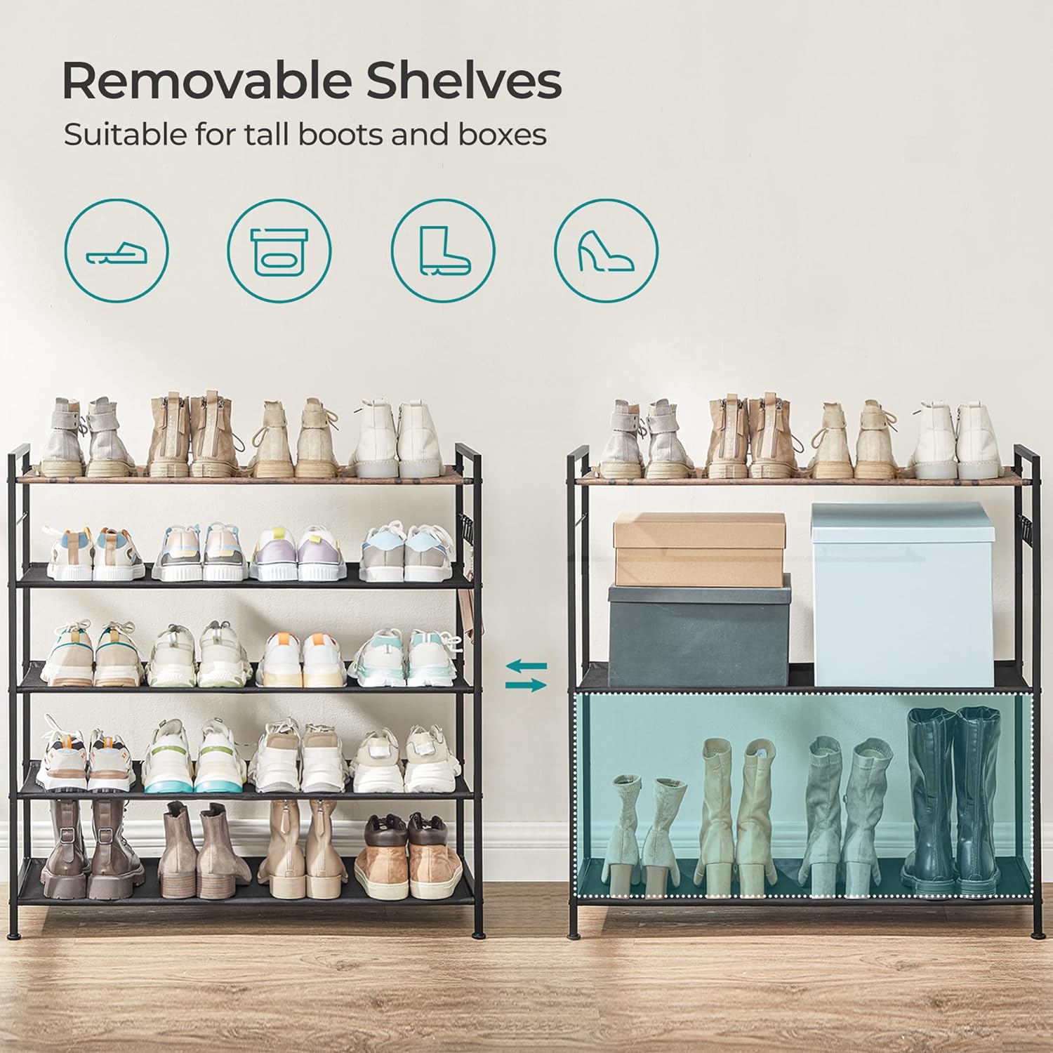 SONGMICS 5 Tier Shoe Rack Storage Organizer for 20-25 Pairs with 4 Hooks Rustic Brown LMR035B01 - Cosy Abode