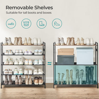 SONGMICS 5 Tier Shoe Rack Storage Organizer for 20-25 Pairs with 4 Hooks Rustic Brown LMR035B01 - Cosy Abode