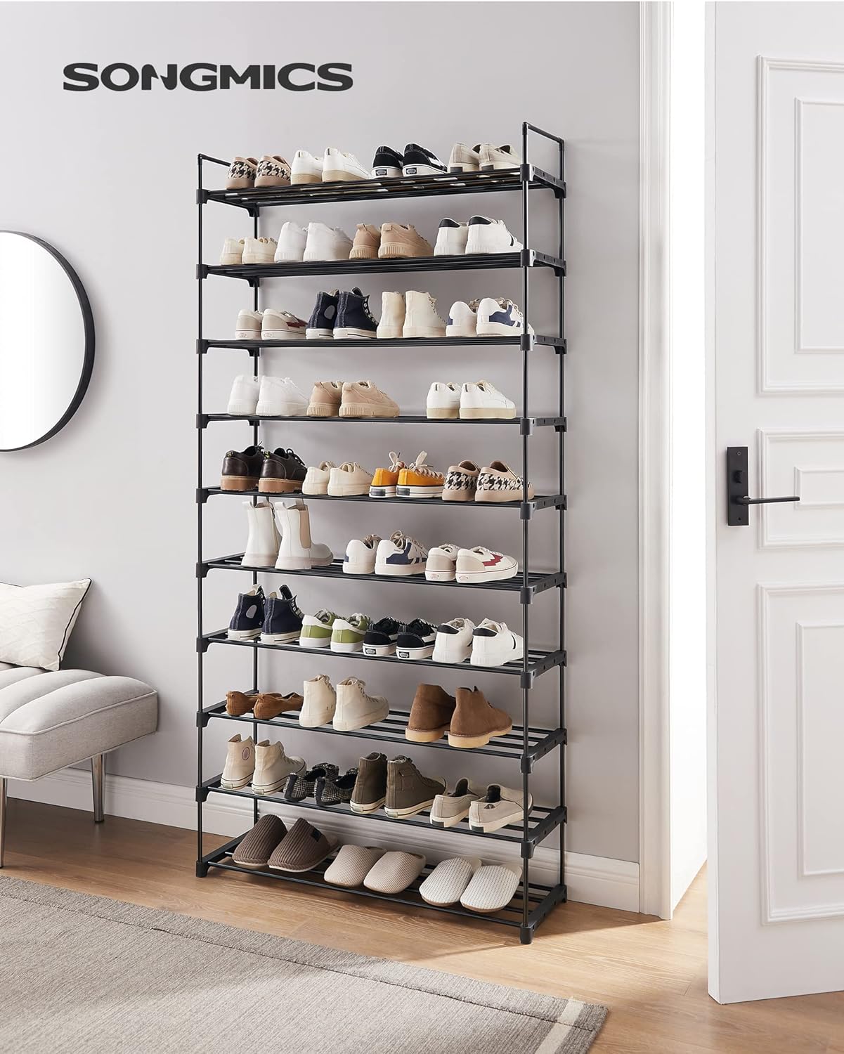 SONGMICS 10 Tier Metal Shoe Rack for 50 Pairs of Shoes Black - Cosy Abode