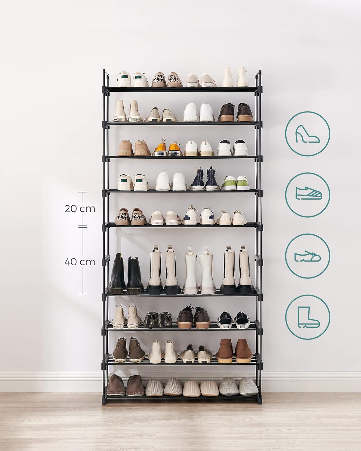 SONGMICS 10 Tier Metal Shoe Rack for 50 Pairs of Shoes Black - Cosy Abode