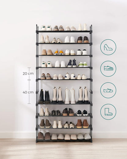 SONGMICS 10 Tier Metal Shoe Rack for 50 Pairs of Shoes Black - Cosy Abode