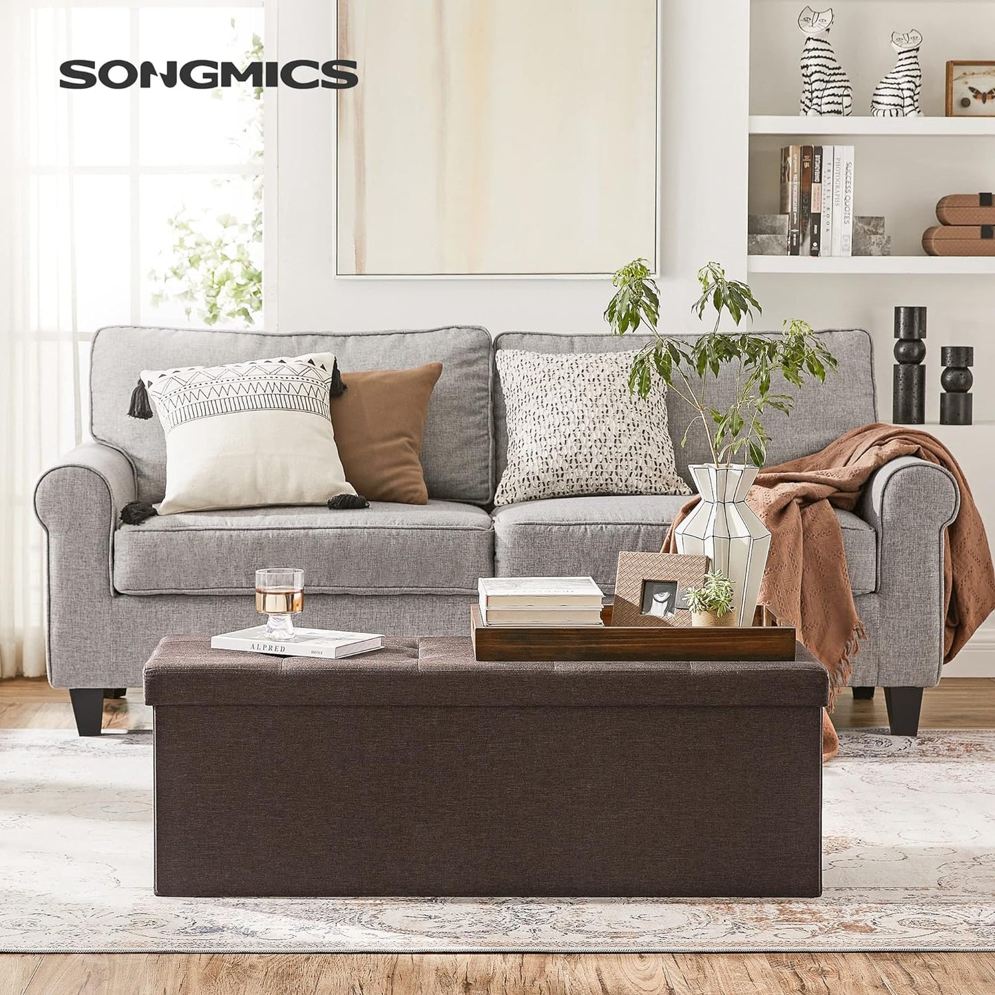 SONGMICS 109cm Folding Storage Ottoman Bench with Storage Space Brown - Cosy Abode