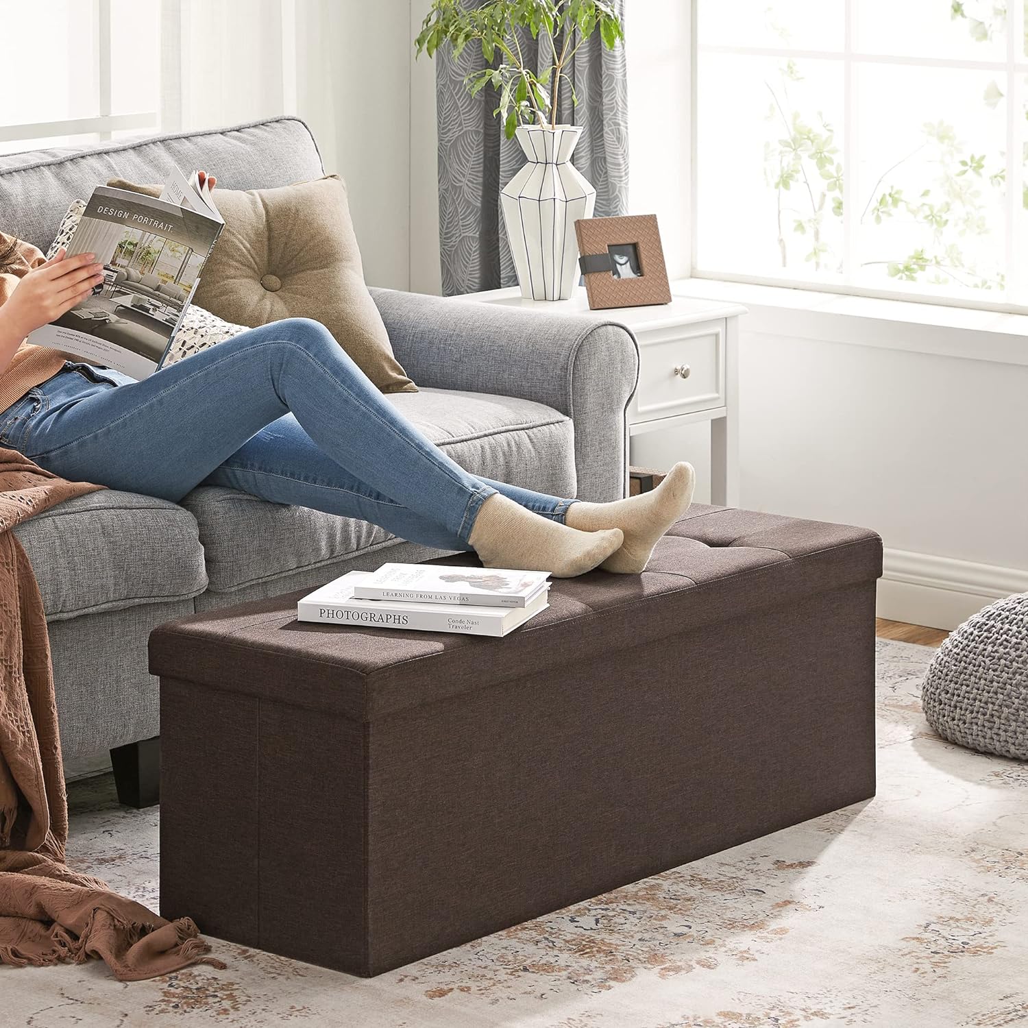 SONGMICS 109cm Folding Storage Ottoman Bench with Storage Space Brown - Cosy Abode
