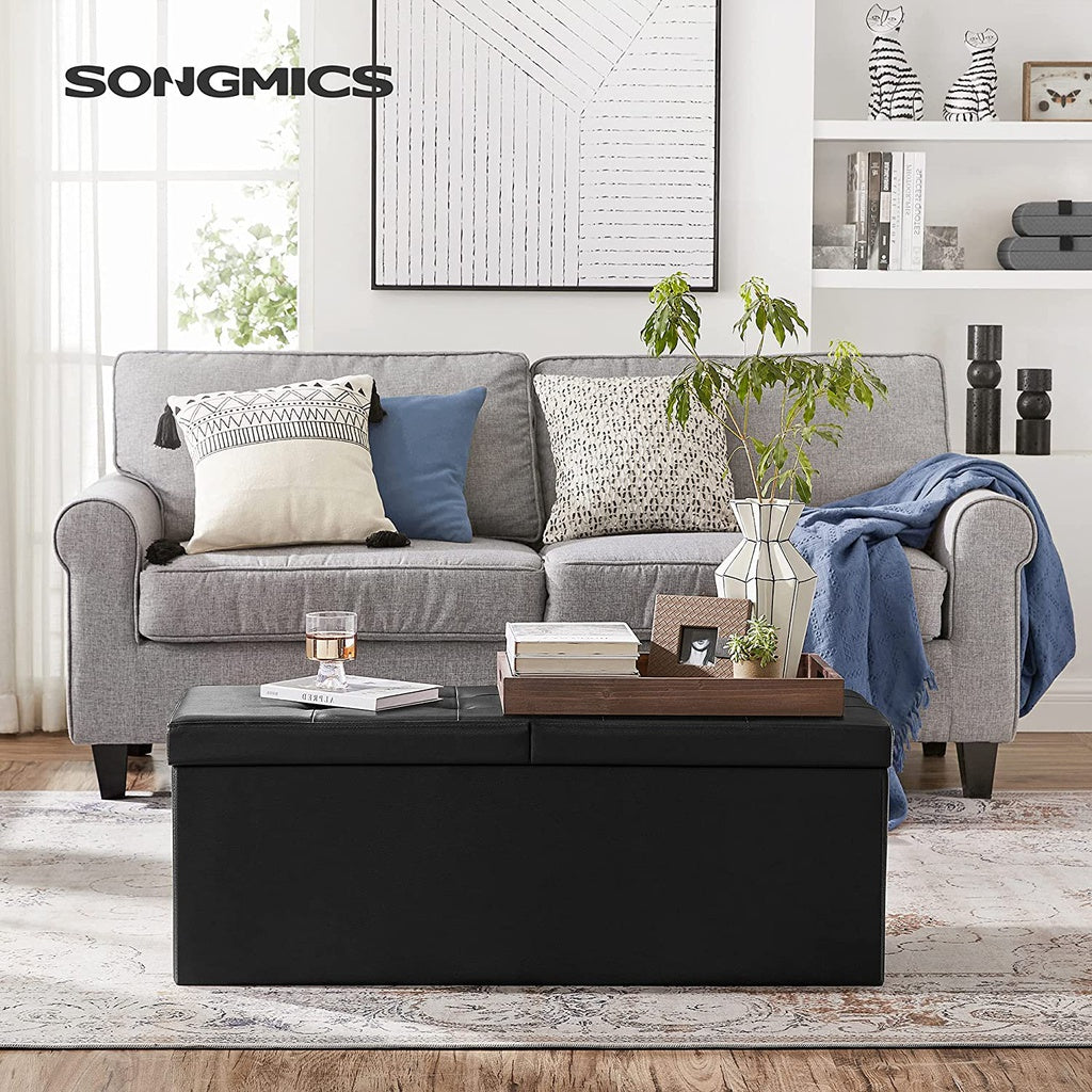 SONGMICS 110cm Folding Storage Ottoman Bench with Flipping Lid Footrest Black - Cosy Abode