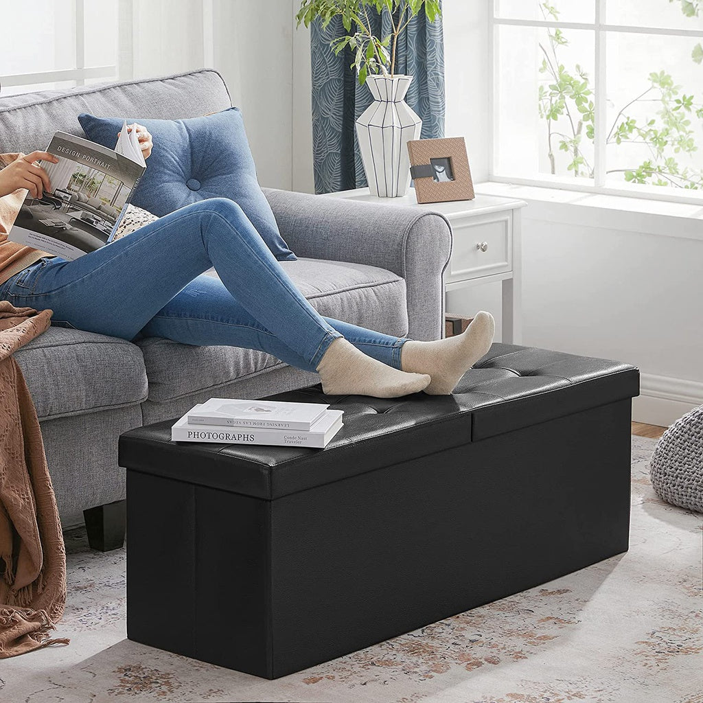 SONGMICS 110cm Folding Storage Ottoman Bench with Flipping Lid Footrest Black - Cosy Abode
