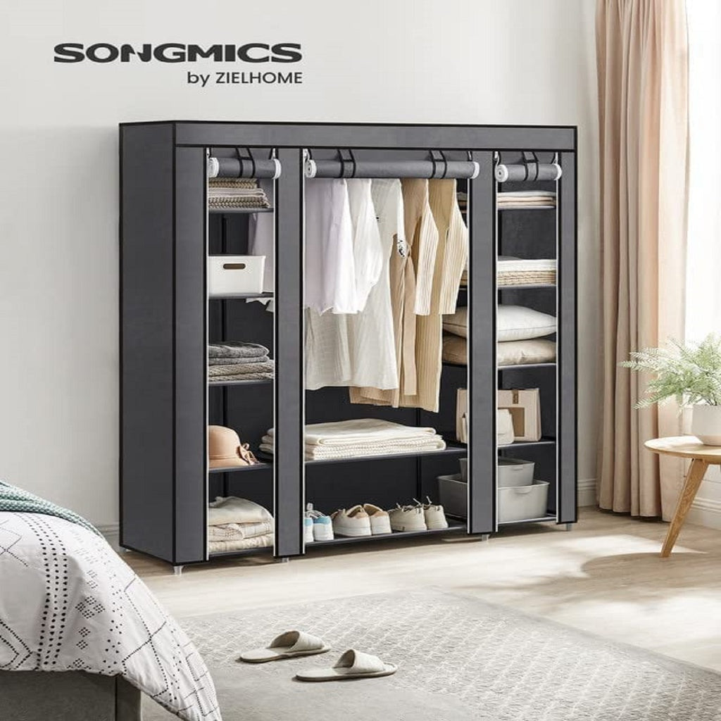 SONGMICS 150cm Portable Closet Organizer, Wardrobe with Shelves and Cover Gray - Cosy Abode