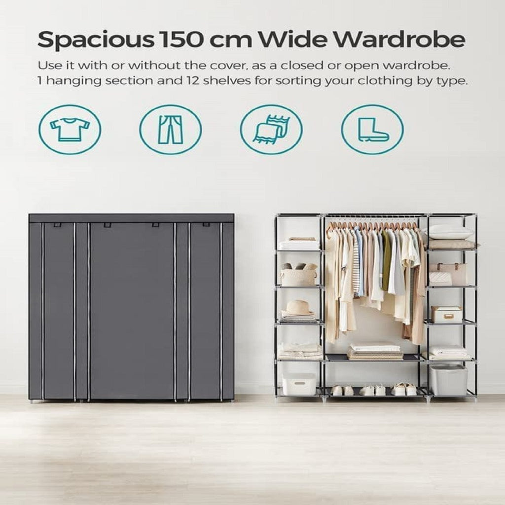 SONGMICS 150cm Portable Closet Organizer, Wardrobe with Shelves and Cover Gray - Cosy Abode