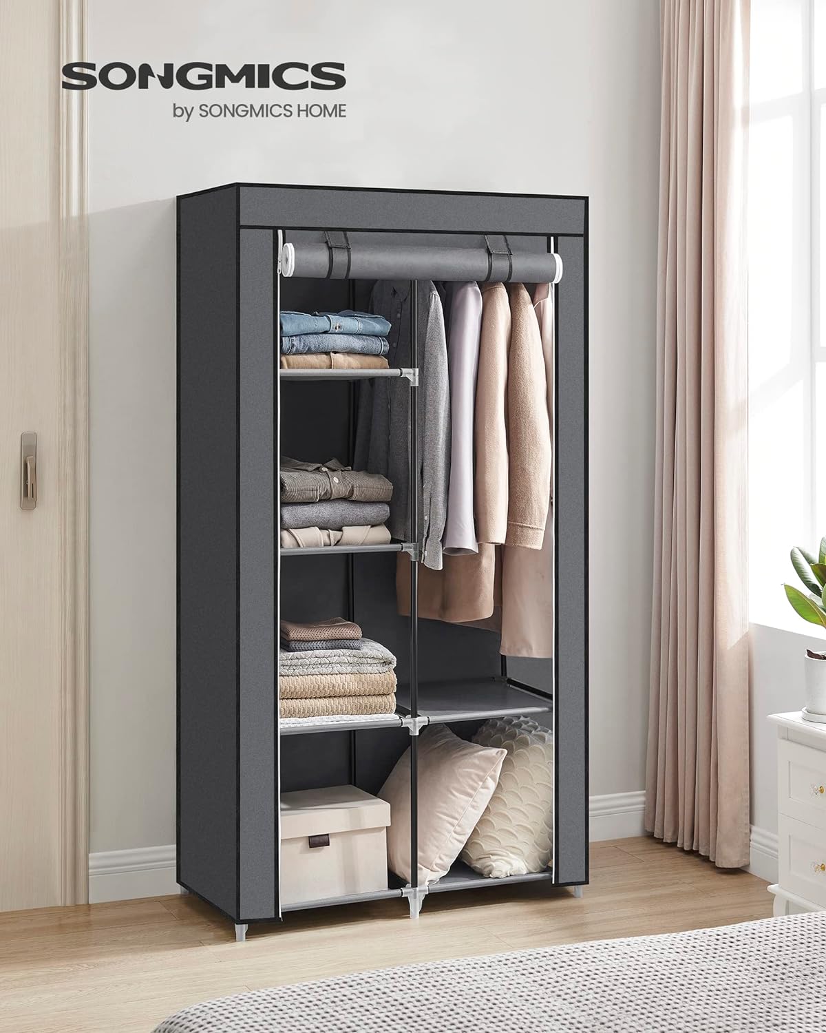 SONGMICS Portable Clothes Storage with 6 Shelves and 1 Clothes Hanging Rail Grey - Cosy Abode