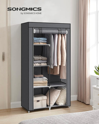 SONGMICS Portable Clothes Storage with 6 Shelves and 1 Clothes Hanging Rail Grey - Cosy Abode