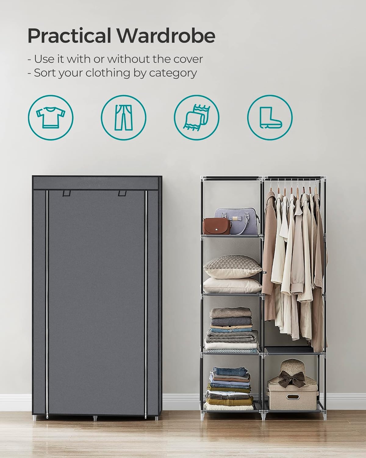 SONGMICS Portable Clothes Storage with 6 Shelves and 1 Clothes Hanging Rail Grey - Cosy Abode