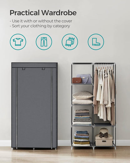 SONGMICS Portable Clothes Storage with 6 Shelves and 1 Clothes Hanging Rail Grey - Cosy Abode