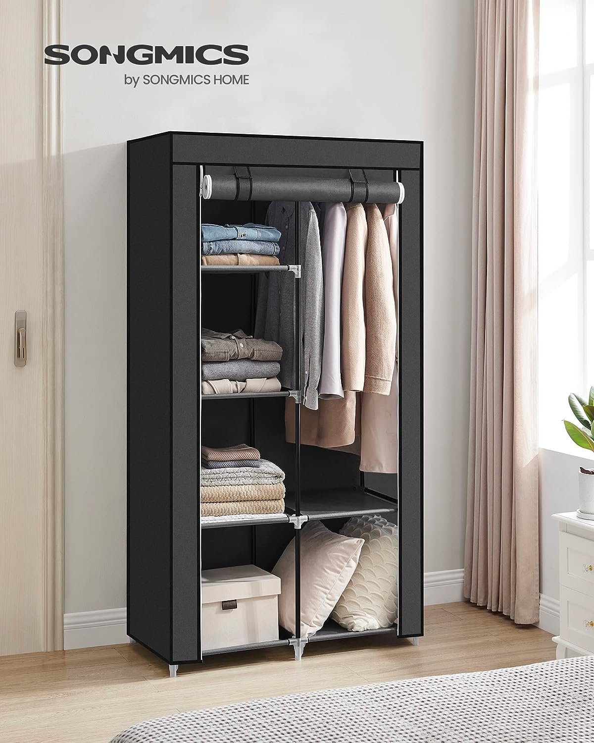 SONGMICS Portable Clothes Storage with 6 Shelves and 1 Clothes Hanging Rail Black - Cosy Abode