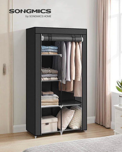 SONGMICS Portable Clothes Storage with 6 Shelves and 1 Clothes Hanging Rail Black - Cosy Abode