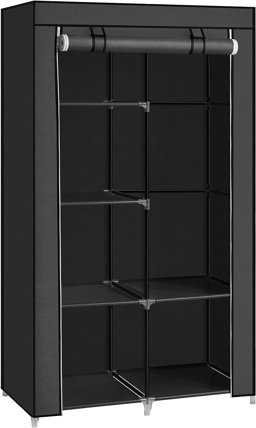SONGMICS Portable Clothes Storage with 6 Shelves and 1 Clothes Hanging Rail Black - Cosy Abode