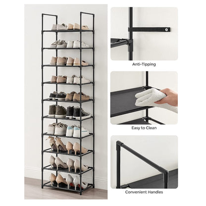 SONGMICS 10 Tier Metal Shoe Rack Non-Woven Fabric Shelves Black - Cosy Abode