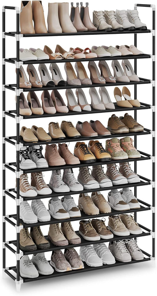SONGMICS 10 Tier Metal Shoe Rack for 50 Pairs Non-Woven Fabric Shelves Black - Cosy Abode