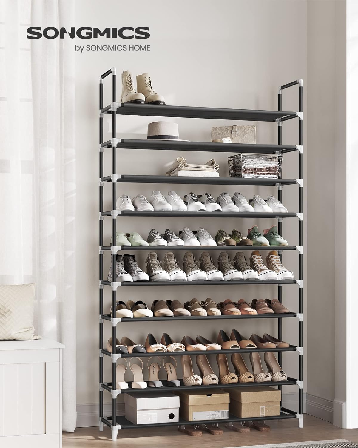 SONGMICS 10 Tier Metal Shoe Rack for 50 Pairs Non-Woven Fabric Shelves Black - Cosy Abode