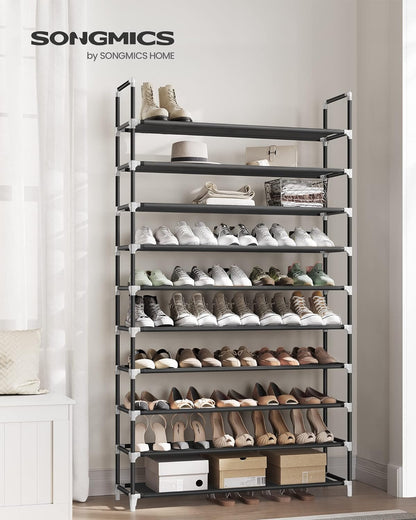 SONGMICS 10 Tier Metal Shoe Rack for 50 Pairs Non-Woven Fabric Shelves Black - Cosy Abode