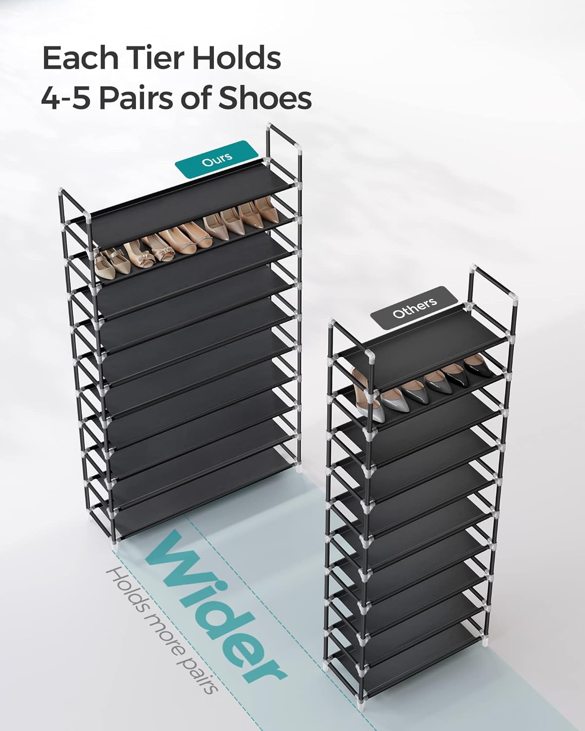 SONGMICS 10 Tier Metal Shoe Rack for 50 Pairs Non-Woven Fabric Shelves Black - Cosy Abode