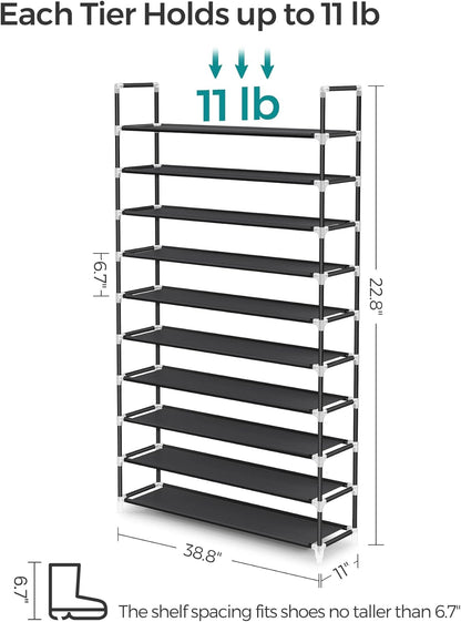 SONGMICS 10 Tier Metal Shoe Rack for 50 Pairs Non-Woven Fabric Shelves Black - Cosy Abode