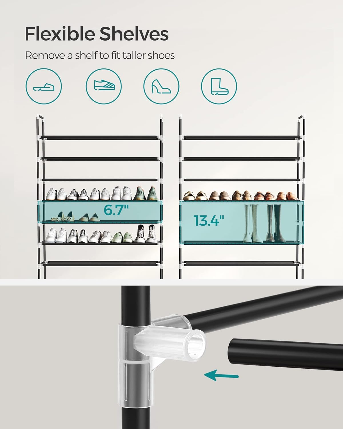 SONGMICS 10 Tier Metal Shoe Rack for 50 Pairs Non-Woven Fabric Shelves Black - Cosy Abode
