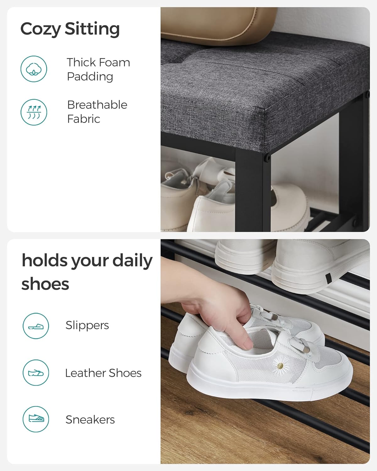 SONGMICS 3-Tier Metal Shoe Bench Storage Foam Padded Seat Dark Grey and Black - Cosy Abode