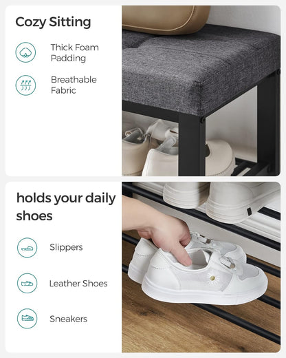 SONGMICS 3-Tier Metal Shoe Bench Storage Foam Padded Seat Dark Grey and Black - Cosy Abode