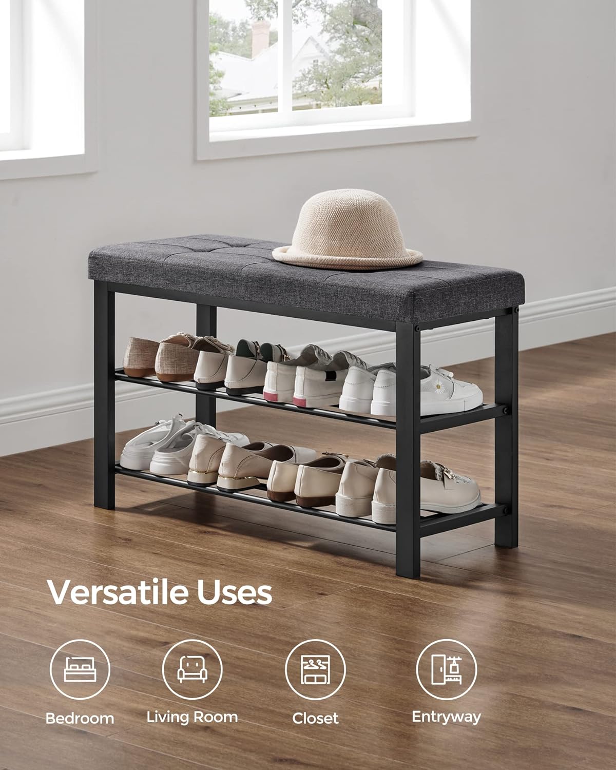 SONGMICS 3-Tier Metal Shoe Bench Storage Foam Padded Seat Dark Grey and Black - Cosy Abode